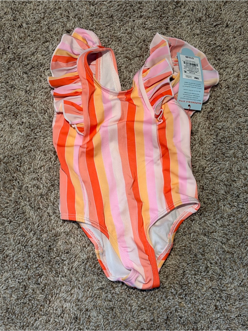 Cat & Jack Pink, Orange & Yellow Stripe Ruffle One-Piece Swimsuit
